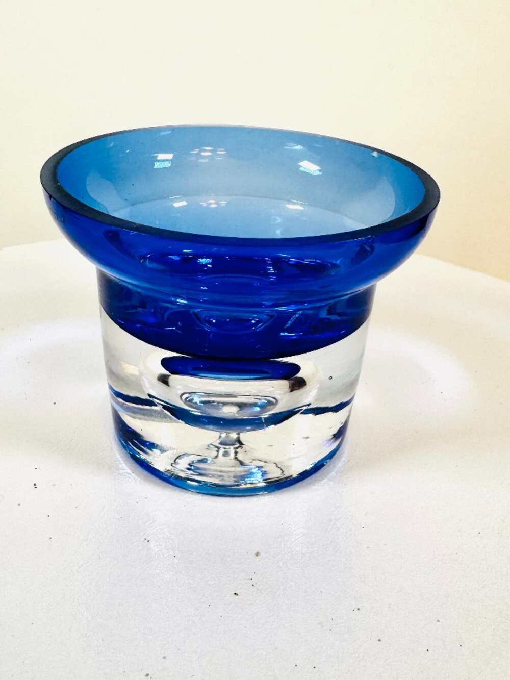 Krosno Cobalt Blue Art Glass 3.25" Pillar Candle Holder Controlled Bubble Hand